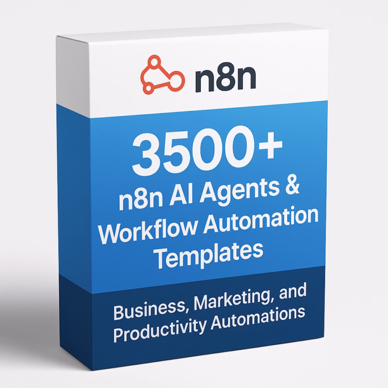 3D mockup of a software product box titled ‘3500+ n8n AI Agents & Workflow Automation Templates – Business, Marketing, and Productivity Automations’ with n8n logo and blue gradient design