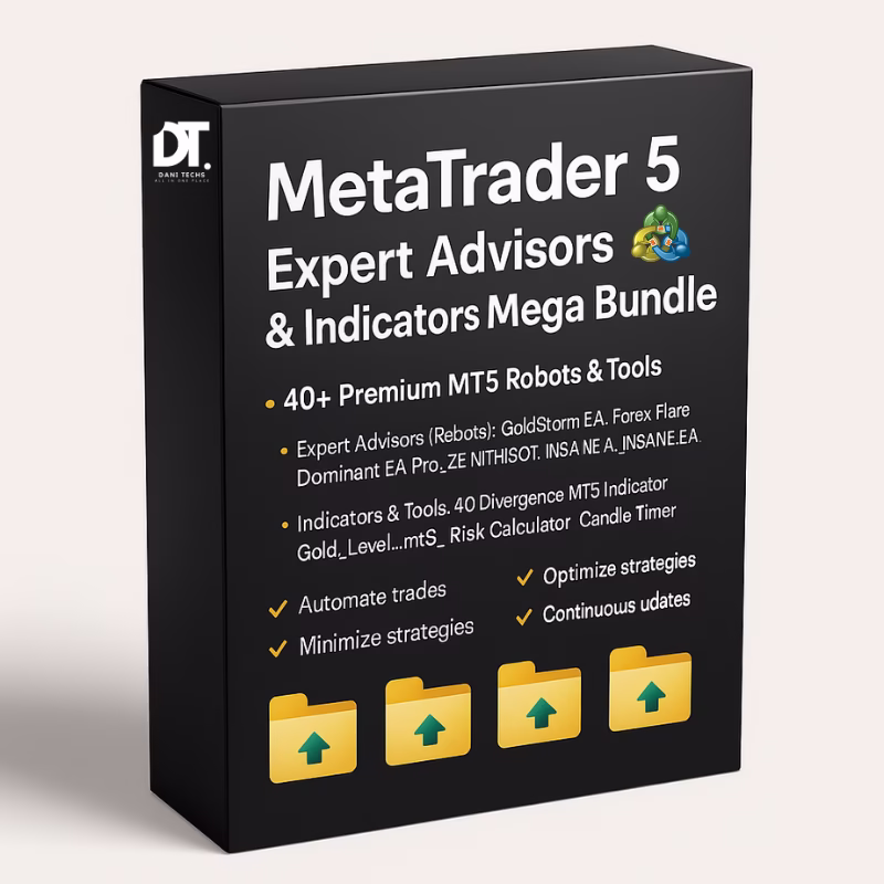 MetaTrader 5 MT5 Expert Advisors & Indicators Bundle 3D box – 40+ forex trading robots, EAs, and indicators for automated trading.