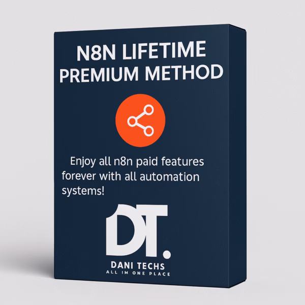 N8N Lifetime Premium Method 3D product box – unlock all n8n paid features and automation systems forever by Dani Techs.