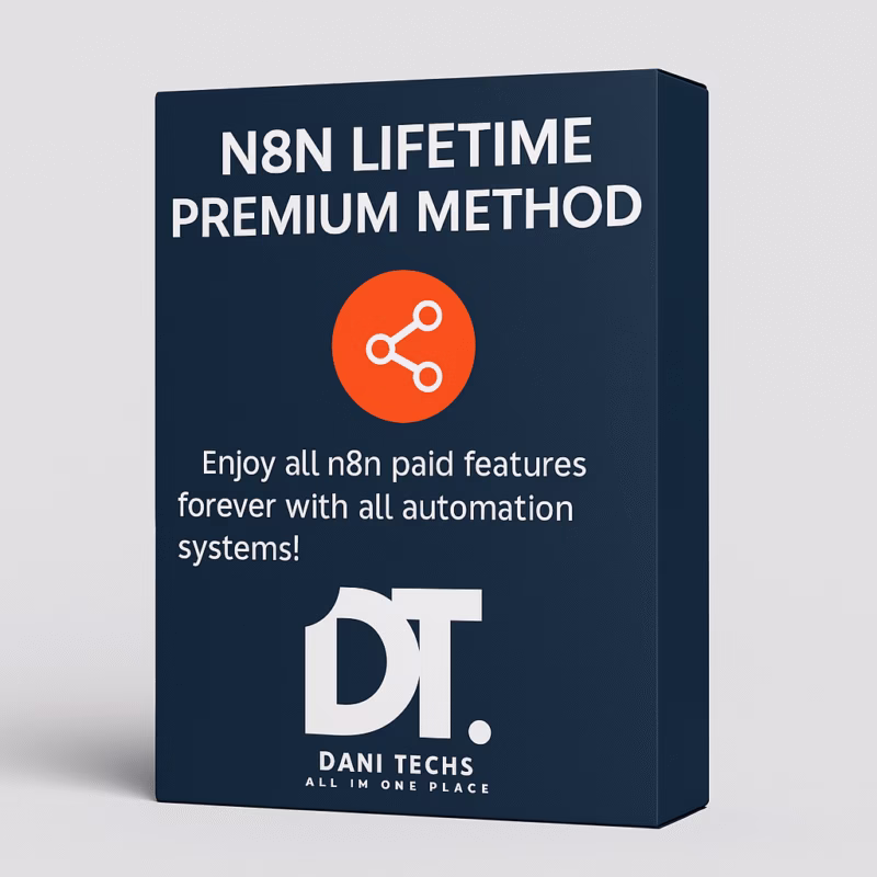 N8N Lifetime Premium Method 3D product box – unlock all n8n paid features and automation systems forever by Dani Techs.