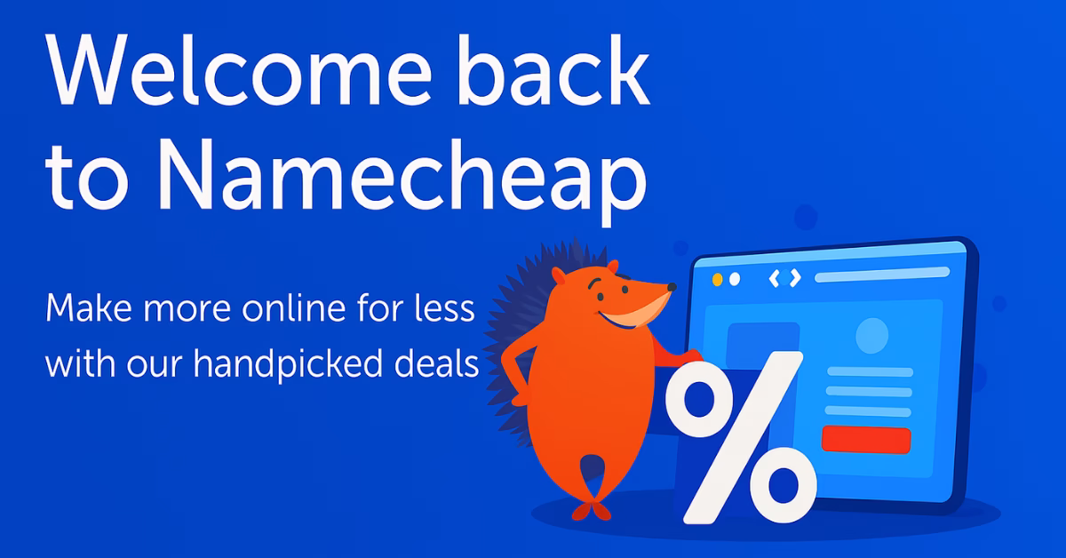 Namecheap deals 2025 banner – cheap domain hosting, free domain offers, and discounts with Namecheap mascot on blue background.