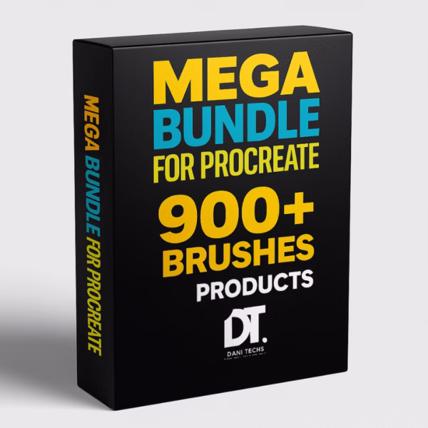 Procreate Mega Bundle 3D product box – 900+ brushes, 8 premium toolkits.