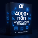 3D product box mockup of the “4000+ n8n Workflows Bundle” by DaniTechs, featuring a dark blue tech-themed design with glowing neon automation icons and the tagline “PLR Rights & Bonuses.”
