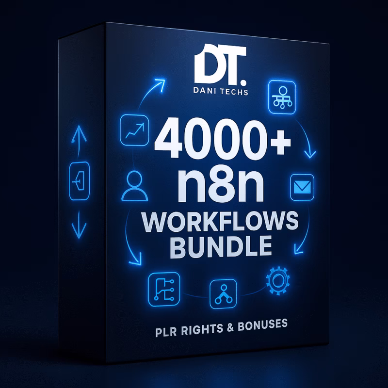 3D product box mockup of the “4000+ n8n Workflows Bundle” by DaniTechs, featuring a dark blue tech-themed design with glowing neon automation icons and the tagline “PLR Rights & Bonuses.”